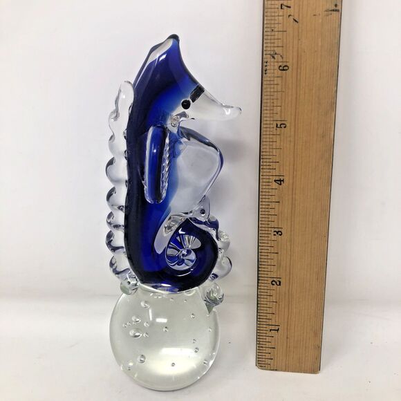 Art Glass Seahorse Paperweight Cobalt Blue Bullicante Bubbles 7" Beachy Coastal - Picture 10 of 11